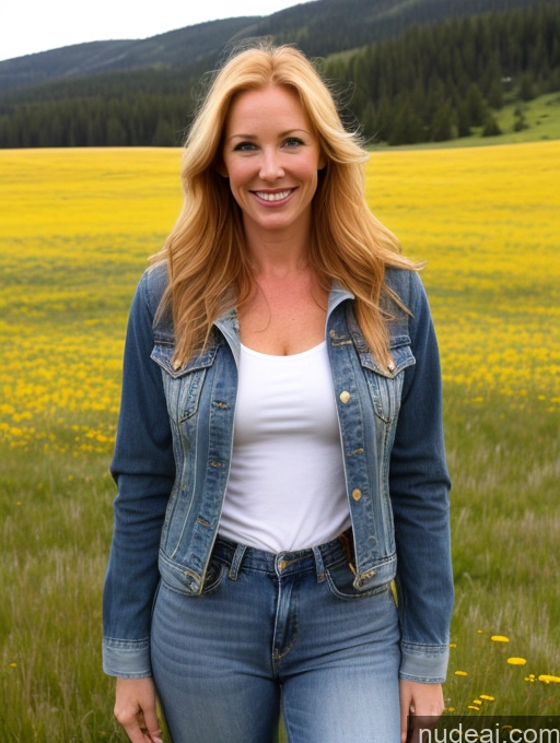 ai nude image of blond woman in a field of yellow flowers with a blue jean jacket pics of One Perfect Boobs 40s Happy Long Hair Fairer Skin Front View Model Jeans Meadow Jacket Blonde Irish Western Shirt