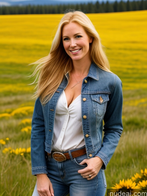 ai nude image of blonde woman in a field of sunflowers wearing a denim jacket pics of One Perfect Boobs 40s Happy Long Hair Fairer Skin Front View Model Jeans Meadow Jacket Blonde Irish Western Shirt