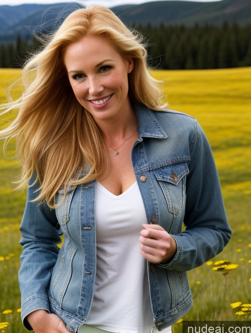 ai nude image of blonde woman in a field of flowers wearing a denim jacket pics of One Perfect Boobs 40s Happy Long Hair Fairer Skin Front View Model Jeans Meadow Jacket Blonde Irish Western Shirt