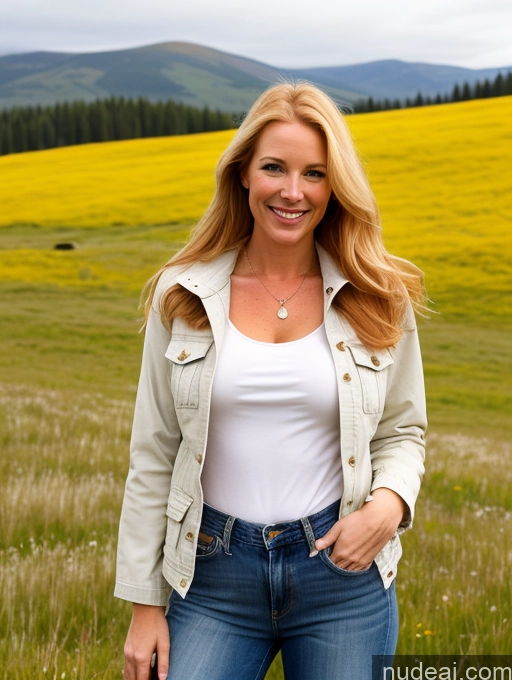 ai nude image of blonde woman in a field of yellow flowers posing for a picture pics of One Perfect Boobs 40s Happy Long Hair Fairer Skin Front View Model Jeans Meadow Jacket Blonde Irish Western Shirt