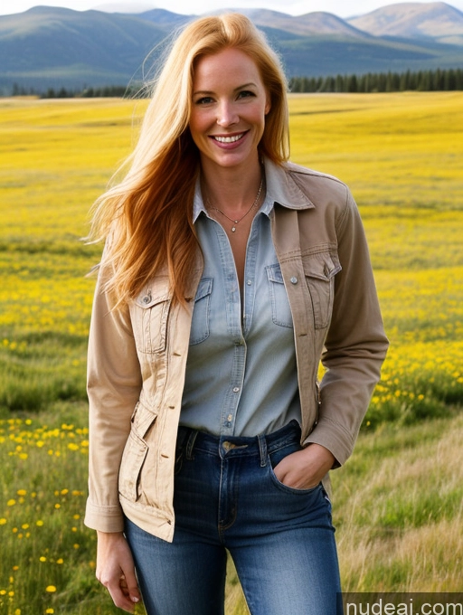 ai nude image of blonde woman in a field of yellow flowers with mountains in the background pics of One Perfect Boobs 40s Happy Long Hair Fairer Skin Front View Model Jeans Meadow Jacket Blonde Irish Western Shirt