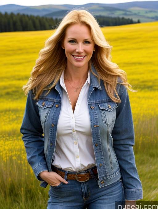 ai nude image of blond woman in a field of yellow flowers wearing a denim jacket pics of One Perfect Boobs 40s Happy Long Hair Fairer Skin Front View Model Jeans Meadow Jacket Blonde Irish Western Shirt