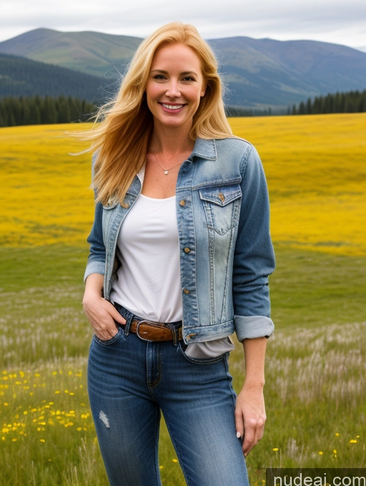 ai nude image of blonde woman in a field of yellow flowers and mountains pics of One Perfect Boobs 40s Happy Long Hair Fairer Skin Front View Model Jeans Meadow Jacket Blonde Irish Western Shirt