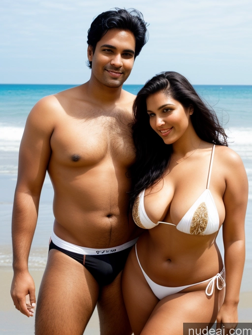 ai nude image of they are two people standing on the beach posing for a picture pics of Several Perfect Boobs Beautiful Big Ass Chubby Long Legs Perfect Body 30s Sexy Face Seductive Black Hair Long Hair Indian Front View Bikini Beach Woman + Man