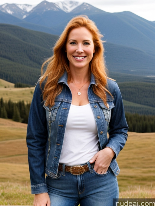 ai nude image of smiling woman in jeans and a denim jacket standing in a field pics of One Perfect Boobs 40s Happy Long Hair Fairer Skin Front View Model Jeans Jacket Western Shirt Mountains White Ginger