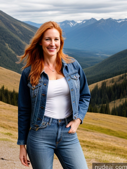 ai nude image of smiling woman in denim jacket and jeans standing on a dirt road pics of One Perfect Boobs 40s Happy Long Hair Fairer Skin Front View Model Jeans Jacket Western Shirt Mountains White Ginger