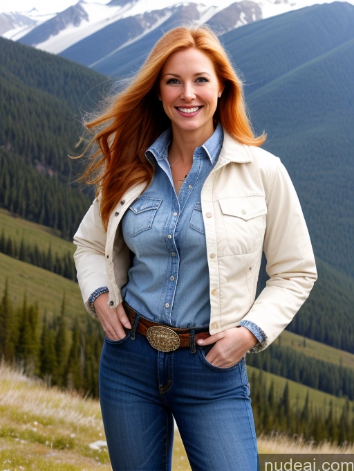 ai nude image of smiling woman in jeans and jacket standing in front of a mountain pics of One Perfect Boobs 40s Happy Long Hair Fairer Skin Front View Model Jeans Jacket Western Shirt Mountains Ginger Russian