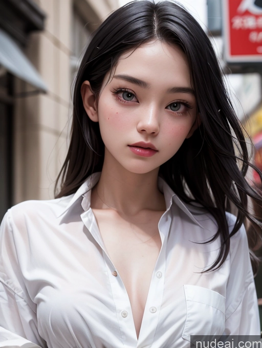 ai nude image of araffe asian woman in white shirt and black pants standing on a city street pics of One Beautiful Fairer Skin 18 Black Hair Straight Asian Street Model Close-up View Shirt Seductive