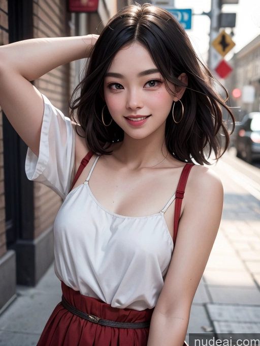 ai nude image of araffe asian woman in a white top and red skirt posing for a picture pics of One Beautiful Fairer Skin 18 Black Hair Straight Asian Street Model Front View Western Happy