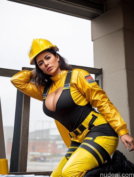 ai nude image of there is a woman in a yellow construction outfit posing for a picture pics of Perfect Boobs Small Tits Perfect Body 30s Sexy Face Black Hair Spanish Front View Angel Construction Worker Sci-fi Armor Space Suit Transparent Ahegao Messy Bodybuilder Firefighter Spreading Legs