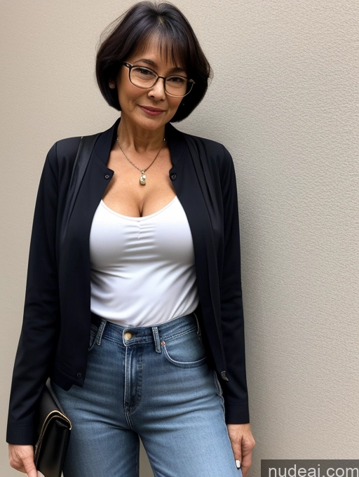 related ai porn images free for Milf Two Perfect Boobs Perfect Body Beautiful Glasses Sexy Face Short Hair Asian Blouse Bra Casual Jacket Jeans Stylish Professor Secretary Cleavage Dark Lighting Detailed 70s