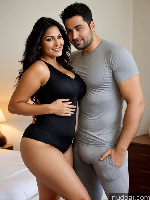 ai nude image of pregnant woman in black swimsuit standing next to a man in grey shirt pics of Woman + Man Perfect Boobs Beautiful Big Ass Chubby Long Legs Perfect Body 30s Sexy Face Seductive Black Hair Long Hair Indian Bedroom Front View Spandex Shirt