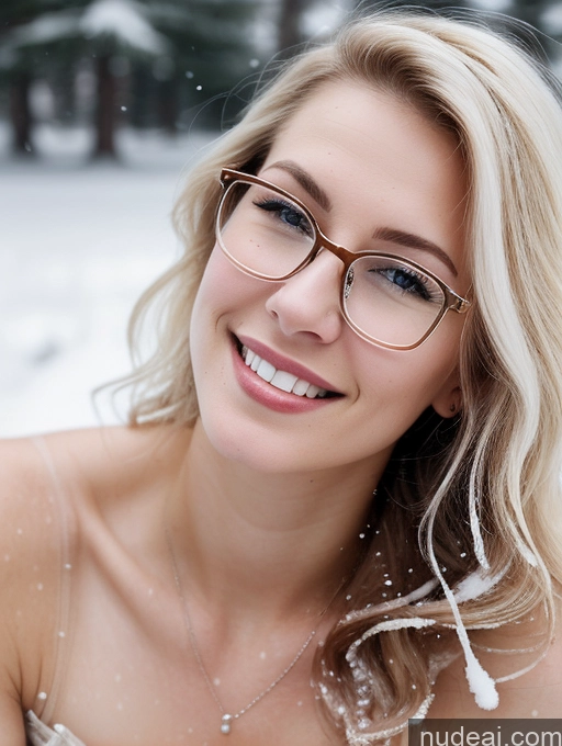 ai nude image of blond woman wearing glasses and a white dress in the snow pics of Model Beautiful Glasses Skinny Abs Fairer Skin 20s Happy Blonde Messy Thai Skin Detail (beta) Goth Snow Close-up View