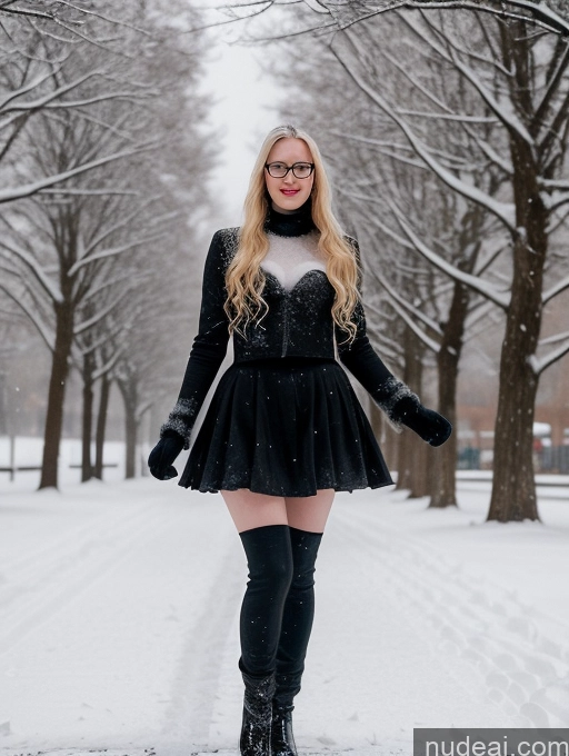 ai nude image of arafed woman in a black dress and boots standing in the snow pics of Model Beautiful Glasses Skinny Abs Fairer Skin 20s Happy Blonde Messy Thai Skin Detail (beta) Goth Snow T-pose