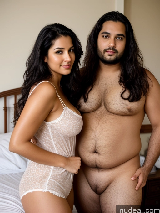 ai nude image of araffed man and woman posing in underwear on a bed pics of Woman + Man Perfect Boobs Beautiful Big Ass Chubby Long Legs Perfect Body 30s Sexy Face Seductive Black Hair Long Hair Indian Bedroom Front View Shirt Nightgown Close Up Vaginal + Creampie One