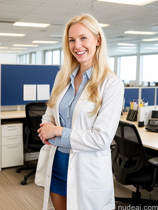 ai nude image of blond woman in white lab coat standing in office with desks and chairs pics of Woman Skinny Short Long Hair Blonde Laughing Fairer Skin Swedish Lab Coat Office