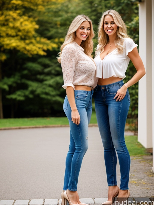 ai nude image of two women standing next to each other in jeans and heels pics of Woman Beautiful Skinny Abs Big Hips Long Legs Tall Perfect Body 20s Happy Blonde Long Hair German Muscular Jeans Blouse Huge Boobs Busty Big Ass Side View Two