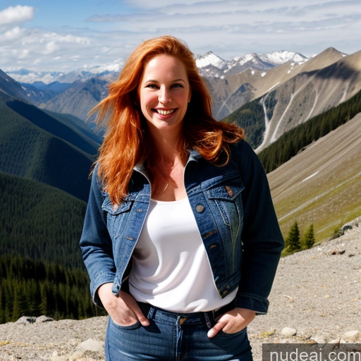 ai nude image of smiling woman in denim jacket standing on rocky mountain with mountains in background pics of Model One Perfect Boobs 40s Fairer Skin Happy Long Hair Front View Jeans Jacket White Mountains Ginger