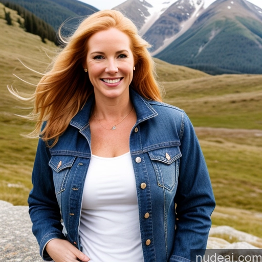 ai nude image of smiling woman in denim jacket standing on rock in mountains pics of Model One Perfect Boobs 40s Fairer Skin Happy Long Hair Front View Jeans Jacket Mountains Blonde Irish