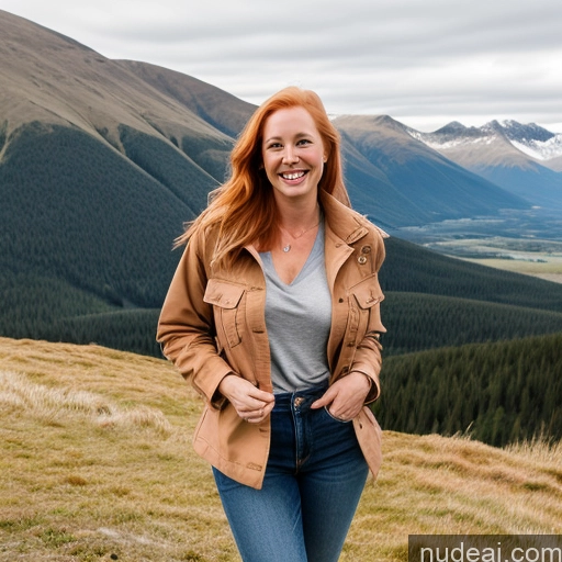 ai nude image of smiling woman standing on a hill with mountains in the background pics of Model One Perfect Boobs 40s Fairer Skin Happy Long Hair Front View Jeans Jacket Mountains Blonde Irish Lumberjack