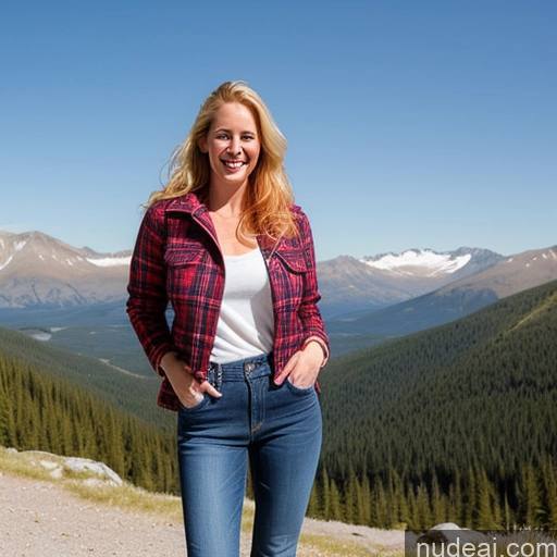 ai nude image of smiling woman standing on a mountain top with a view of mountains pics of Model One Perfect Boobs 40s Fairer Skin Happy Long Hair Front View Jeans Jacket Mountains Blonde Irish Lumberjack