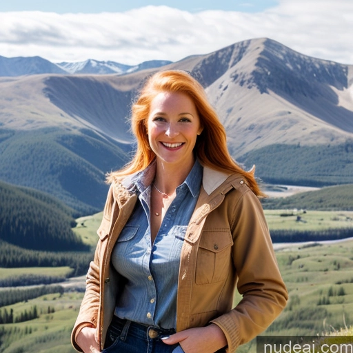 ai nude image of smiling woman standing on a mountain with a valley in the background pics of Model One Perfect Boobs 40s Fairer Skin Happy Long Hair Front View Jeans Jacket Mountains Blonde Irish Lumberjack Cleavage