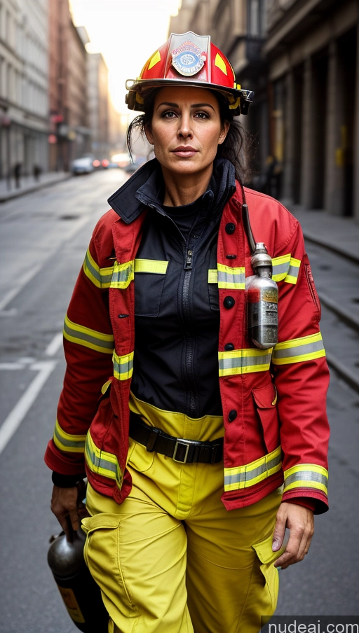 ai nude image of arafed woman in a firefighter's uniform walking down a street pics of Perfect Body Thick Sexy Face Hungarian Big Ass 40s Front View Messy Black Hair Street Firefighter