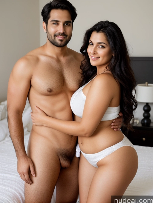 ai nude image of they are posing for a picture in a hotel room pics of Woman + Man Perfect Boobs Beautiful Big Ass Chubby Long Legs Perfect Body 30s Sexy Face Seductive Black Hair Long Hair Indian Bedroom Front View Shirt One Towel