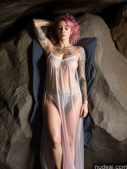 ai nude image of arafed woman in a sheered lingerie laying on a rock pics of Woman One Small Tits Tattoos Small Ass 18 Front View Dark Lighting Pink Hair Messy German Cave Sad Dark Fantasy On Back Nightgown Transparent