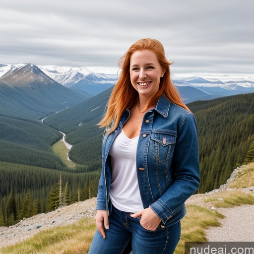 ai nude image of smiling woman standing on a mountain top with a view of a valley pics of Model One Perfect Boobs 40s Fairer Skin Happy Long Hair Front View Jeans Jacket Mountains Blonde Irish Lumberjack Cleavage