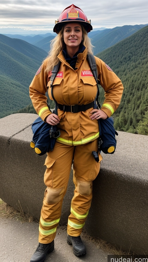 ai nude image of arafed woman in a firefighter's uniform standing on a ledge pics of Busty Perfect Boobs Big Ass Perfect Body 20s Sexy Face Seductive Blonde Portuguese Messy Firefighter Mountains