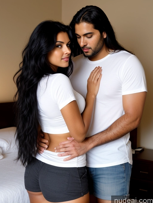 ai nude image of they are a couple standing in a bedroom together pics of Woman + Man Perfect Boobs Beautiful Big Ass Chubby Long Legs Perfect Body 30s Sexy Face Seductive Black Hair Long Hair Indian Bedroom Front View Shirt Short Shorts Massage Several