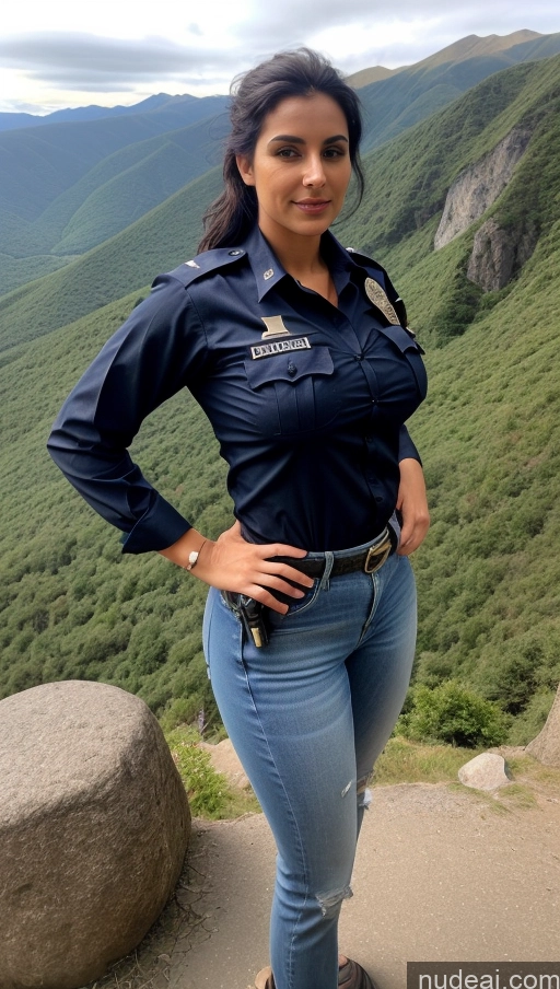 ai nude image of arafed woman in a blue shirt and jeans standing on a mountain pics of Perfect Boobs Big Ass Perfect Body 20s Sexy Face Seductive Portuguese Messy Mountains Thick Black Hair Jeans Blouse Police