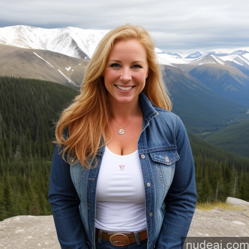 ai nude image of smiling woman in denim jacket standing on rock with mountains in background pics of One Perfect Boobs 40s Fairer Skin Happy Long Hair Front View Jeans Jacket Mountains Blonde Irish Lumberjack Cleavage Athlete