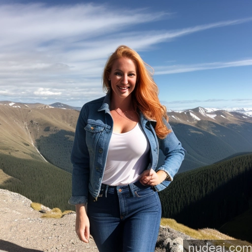 ai nude image of smiling woman in jeans standing on a mountain top with a view of mountains pics of One Perfect Boobs 40s Fairer Skin Happy Long Hair Front View Jeans Jacket Mountains Blonde Irish Model