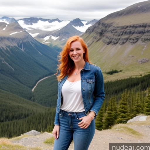 ai nude image of smiling woman standing on a mountain top with a view of a valley pics of One Perfect Boobs 40s Fairer Skin Happy Long Hair Front View Jeans Jacket Mountains Blonde Irish Model