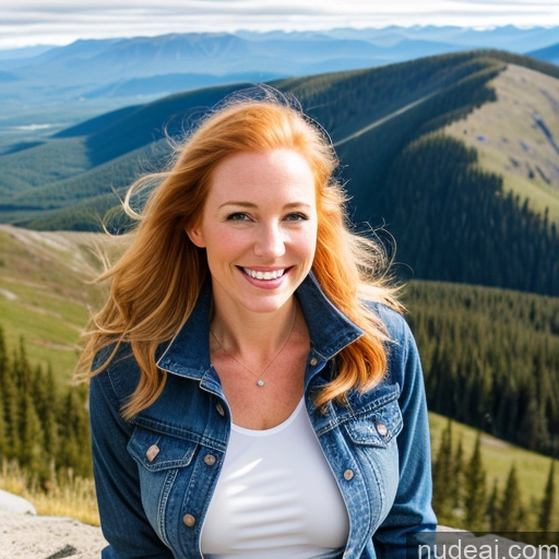 ai nude image of smiling woman sitting on a rock overlooking a mountain valley pics of Woman One Perfect Boobs Fairer Skin 40s Long Hair Mountains Front View Jeans Jacket Irish Blonde Happy