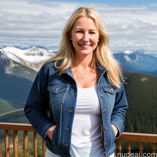 ai nude image of blond woman in denim jacket standing on a deck with mountains in the background pics of Woman One Perfect Boobs Fairer Skin 40s Long Hair Mountains Front View Jeans Jacket Blonde Happy Swedish