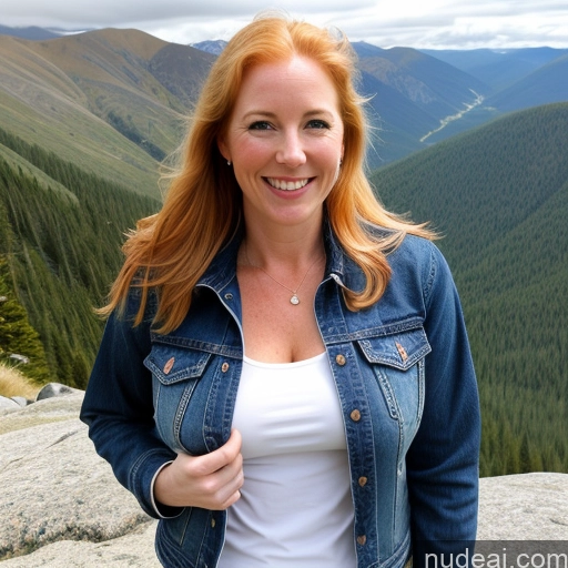 ai nude image of smiling woman in denim jacket standing on a rock with mountains in the background pics of Woman One Perfect Boobs Fairer Skin 40s Long Hair Mountains Front View Jeans Jacket Blonde Happy Irish