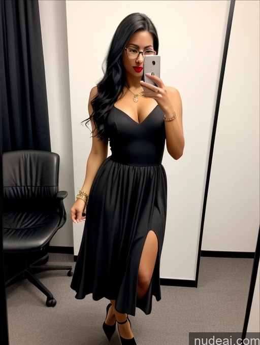 ai nude image of araffe woman taking a selfie in a black dress pics of Model One Glasses Lipstick 30s Sexy Face Black Hair Long Hair Spanish Office Front View Dress High Heels Long Skirt Jewelry Bright Lighting Detailed Mirror Selfie