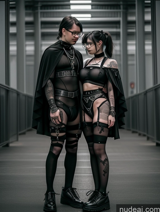 ai nude image of they are dressed in gothic garbs and garters and posing for a picture pics of Woman + Man Glasses Big Hips Kidnap Black Footwear, Black Cape, Black Pantyhose, Short Dress, Black Dress Gothic Punk Girl Sad Brunette Pigtails French