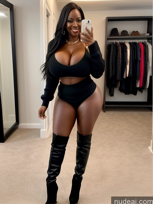 ai nude image of araffe woman in a black top and thigh high boots taking a selfie pics of Huge Boobs Perfect Boobs Big Ass Thick 30s Laughing Long Hair Black Hair African Boots High Heels Mini Skirt Panties Perfect Body Sweater Cleavage Big Hips