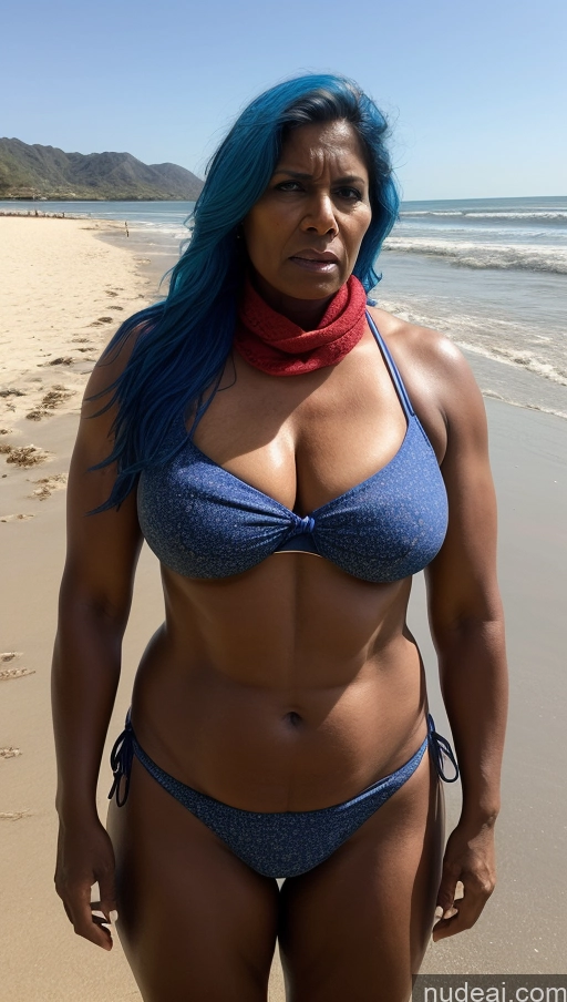 ai nude image of arafed woman with blue hair and a blue bikini on a beach pics of Milf Busty Beautiful Big Ass Big Hips Tall Dark Skin 50s Indian Front View T-pose Detailed Perfect Body Blue Hair Muscular Abs Angry Beach Bikini Perfect Boobs Scarf