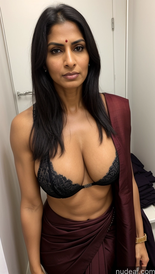 ai nude image of arafed woman in a sari posing for a picture in a bathroom pics of Milf Busty Beautiful Big Ass Big Hips Tall Dark Skin Indian Front View T-pose Detailed Perfect Body Muscular Abs Angry Sari 30s Black Hair Changing Room Bra Perfect Boobs