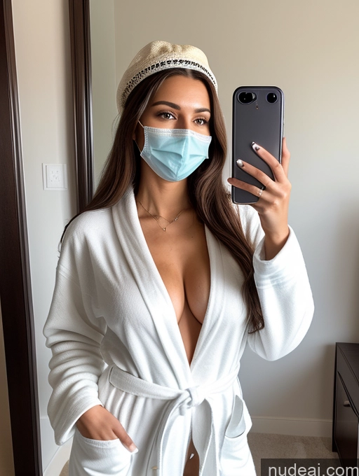 ai nude image of woman wearing a mask and robe taking a selfie in a mirror pics of Woman One Perfect Boobs Big Ass Skinny Long Hair 18 Seductive Brunette Straight Latina Mirror Selfie Bathrobe Chemise Face Mask Hat