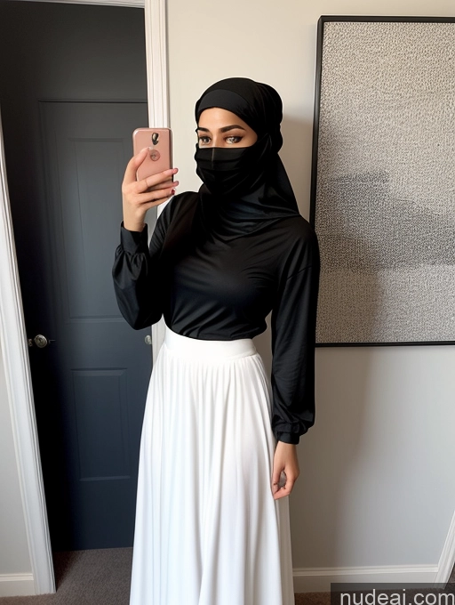 ai nude image of there is a woman wearing a black hijab taking a selfie pics of Woman One Perfect Boobs Big Ass Skinny Long Hair 18 Seductive Brunette Straight Latina Mirror Selfie Face Mask Hat Long Skirt Niqab