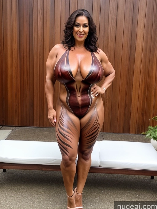 ai nude image of a woman in a body paint bodysuit posing for a picture pics of Milf Chubby Oiled Body Muscular Big Hips Big Ass Bodypaint High Heels