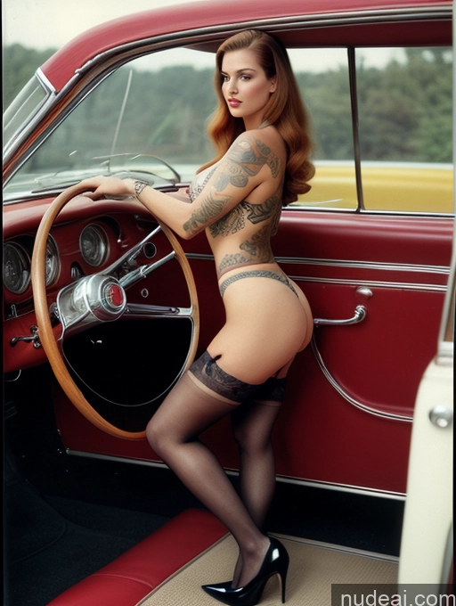 ai nude image of arafed woman in stockings and stockings sitting in a car pics of Busty Tattoos Big Ass Big Hips Long Legs Beautiful 20s Seductive Sexy Face Ginger Long Hair White Vintage Front View Bending Over 60s High Heels Stockings Sundress Car