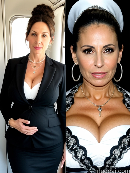 ai nude image of there are two women in a plane one is a nurse and the other is a nurse pics of Huge Boobs Short Skinny Pregnant 50s Shocked Black Hair Hair Bun Jewish Flight Attendant Pearl Jewelry Milf