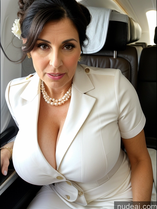 ai nude image of arafed woman in a white dress sitting on a plane pics of Huge Boobs Short Skinny Pregnant 50s Shocked Black Hair Hair Bun Jewish Flight Attendant Pearl Jewelry Milf